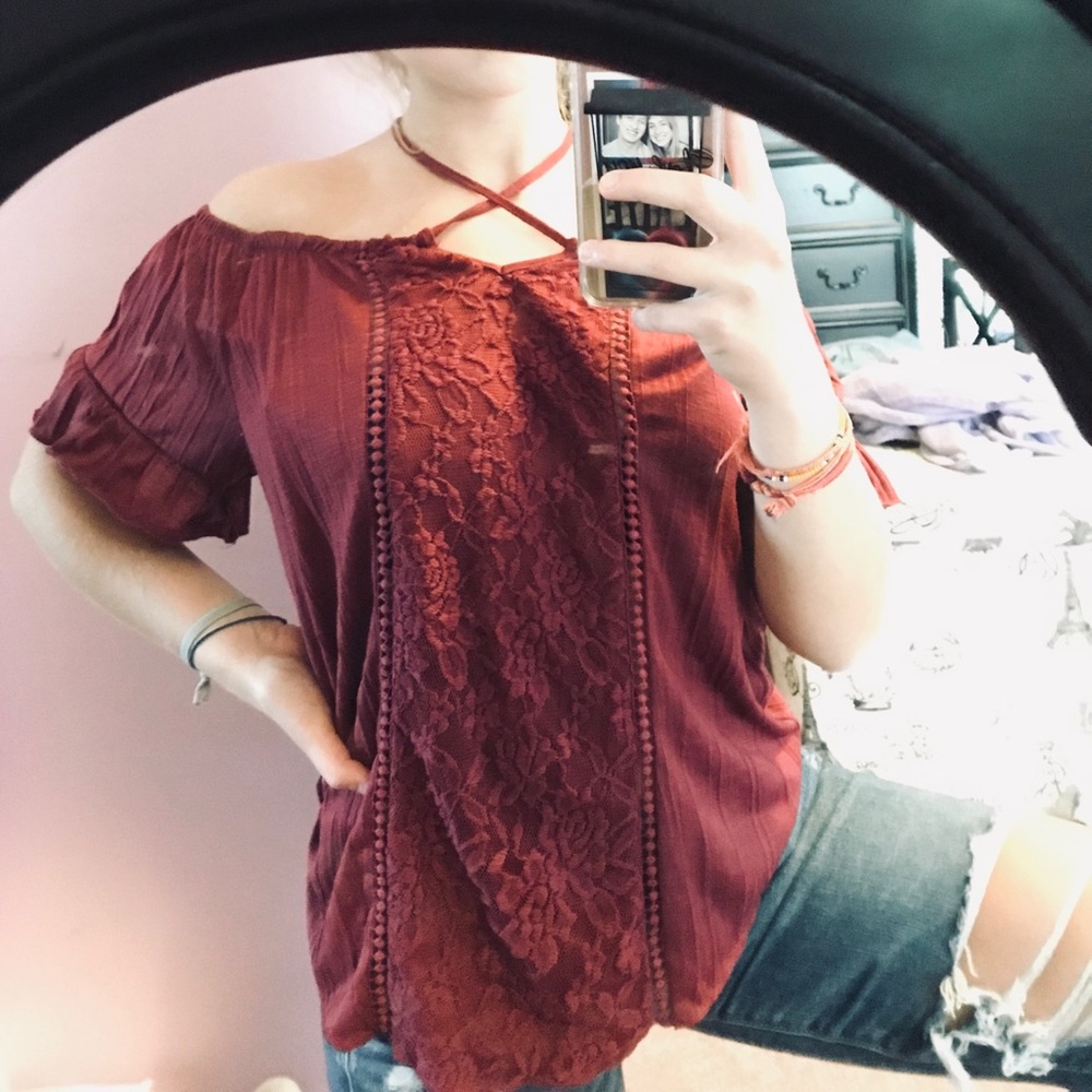 maroon off the shoulder top